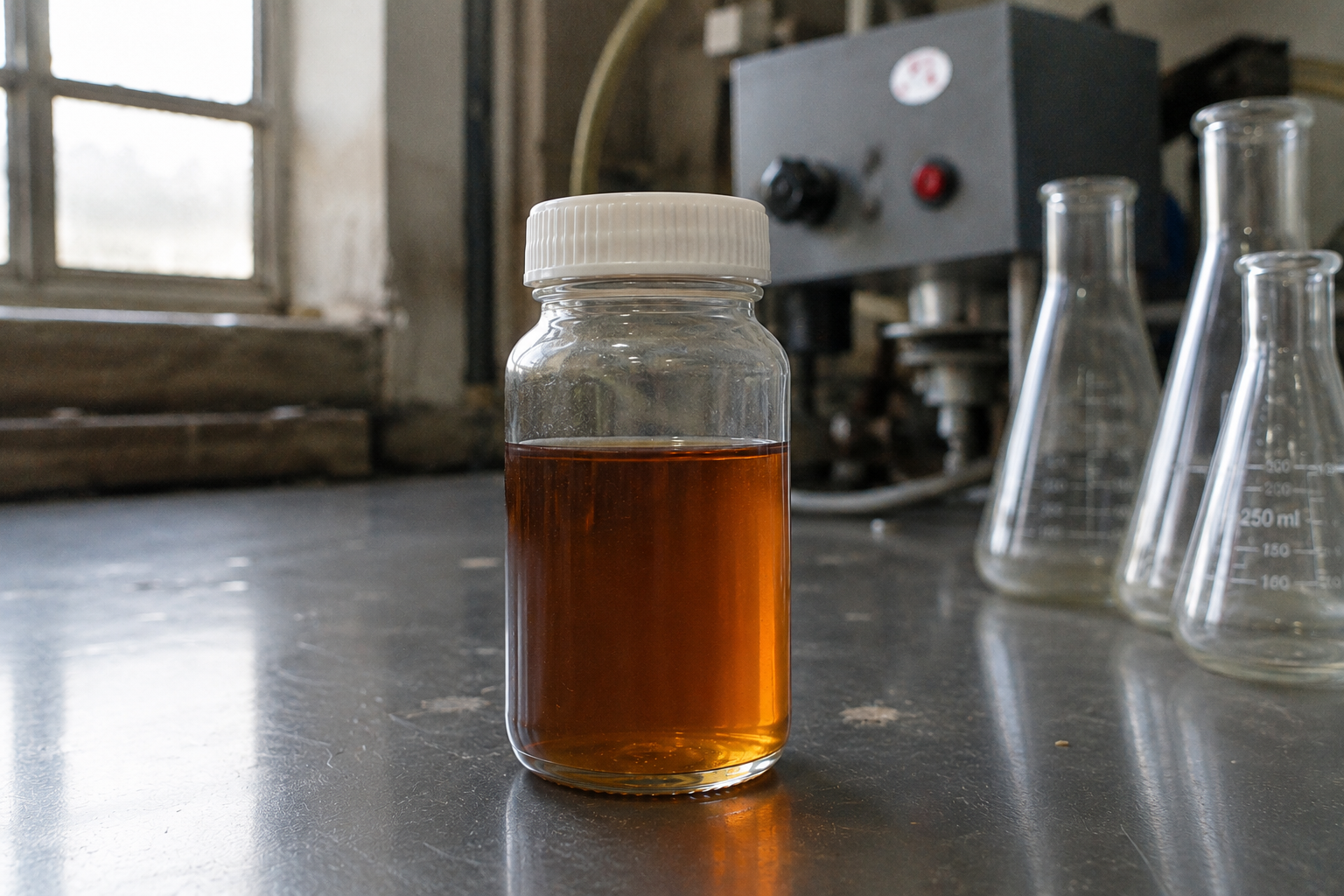 Sample of coconut fatty acid distillate in a laboratory glass
