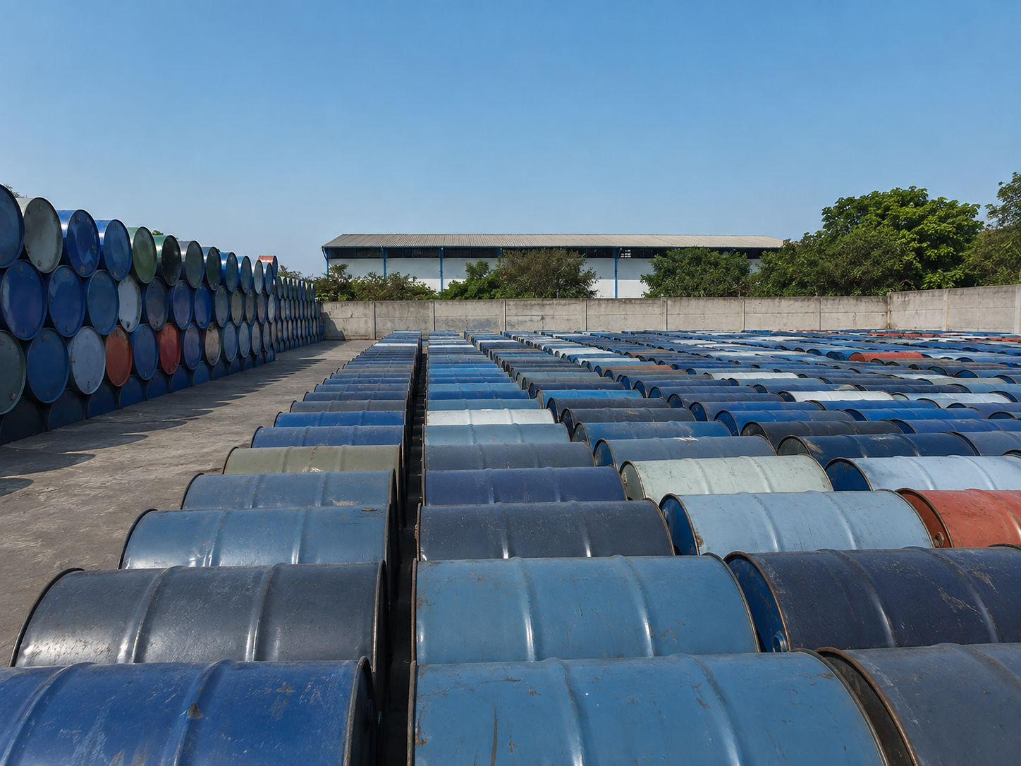 Steel drums of RBD palm stearin staged for export at the warehouse