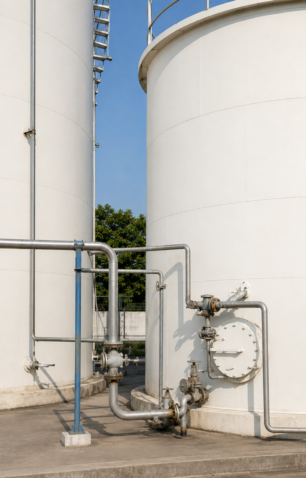Pipework and valves at the base of storage tanks at BSN's Bekasi facility